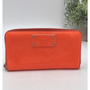 Kate Spade New York Neda Wellesley Leather Neon Orange‎ White Full Zip Wallet